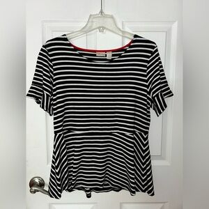 Chico's Black and White Short Sleeve Striped Peplum Top Size 1